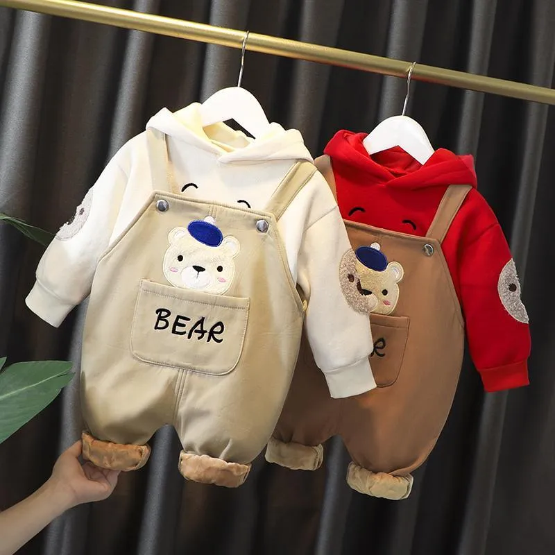 2-piece Bear Pattern Fleece-lined Hoodie & Pants for Children Boy