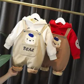 2-piece Bear Pattern Fleece-lined Hoodie & Pants for Children Boy