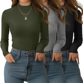 3 Pack Women's Mock Neck Tops, Fitted Ribbed Turtleneck Shirts 2025 Trendy Long Sleeve Knit Thermal Undershirts Tee