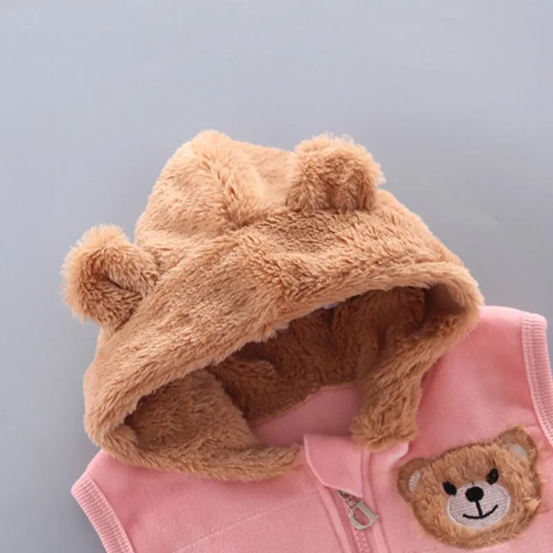 3-piece Bear Pattern Fleece Hooded Vest & Swearshirt & Pants for Toddler Girl