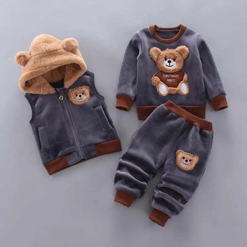 3-piece Bear Pattern Fleece Hooded Vest & Swearshirt & Pants for Toddler Girl