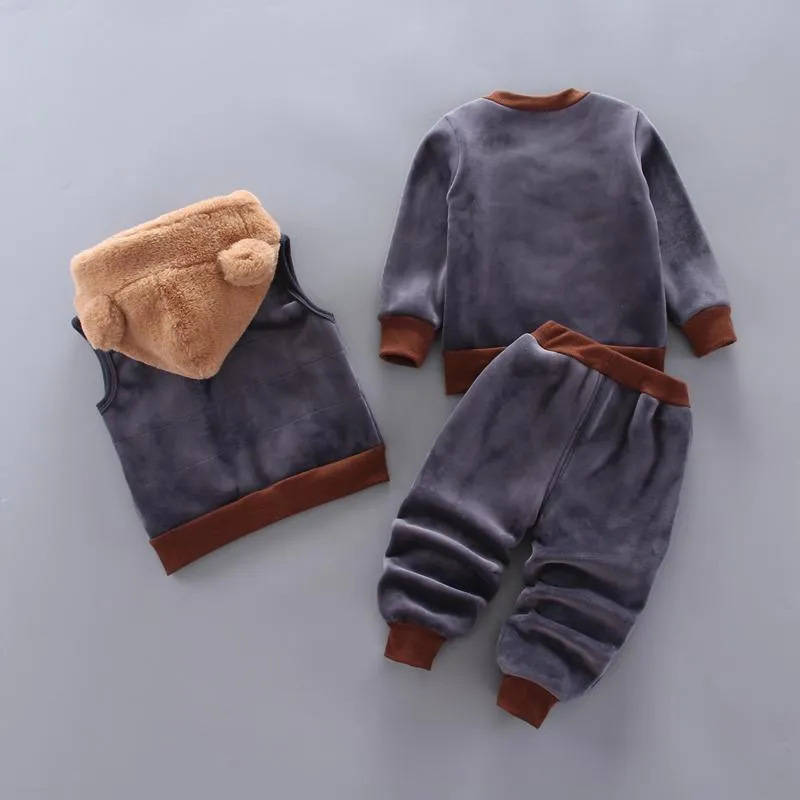 3-piece Bear Pattern Fleece Hooded Vest & Swearshirt & Pants for Toddler Girl