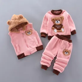 3-piece Bear Pattern Fleece Hooded Vest & Swearshirt & Pants for Toddler Girl