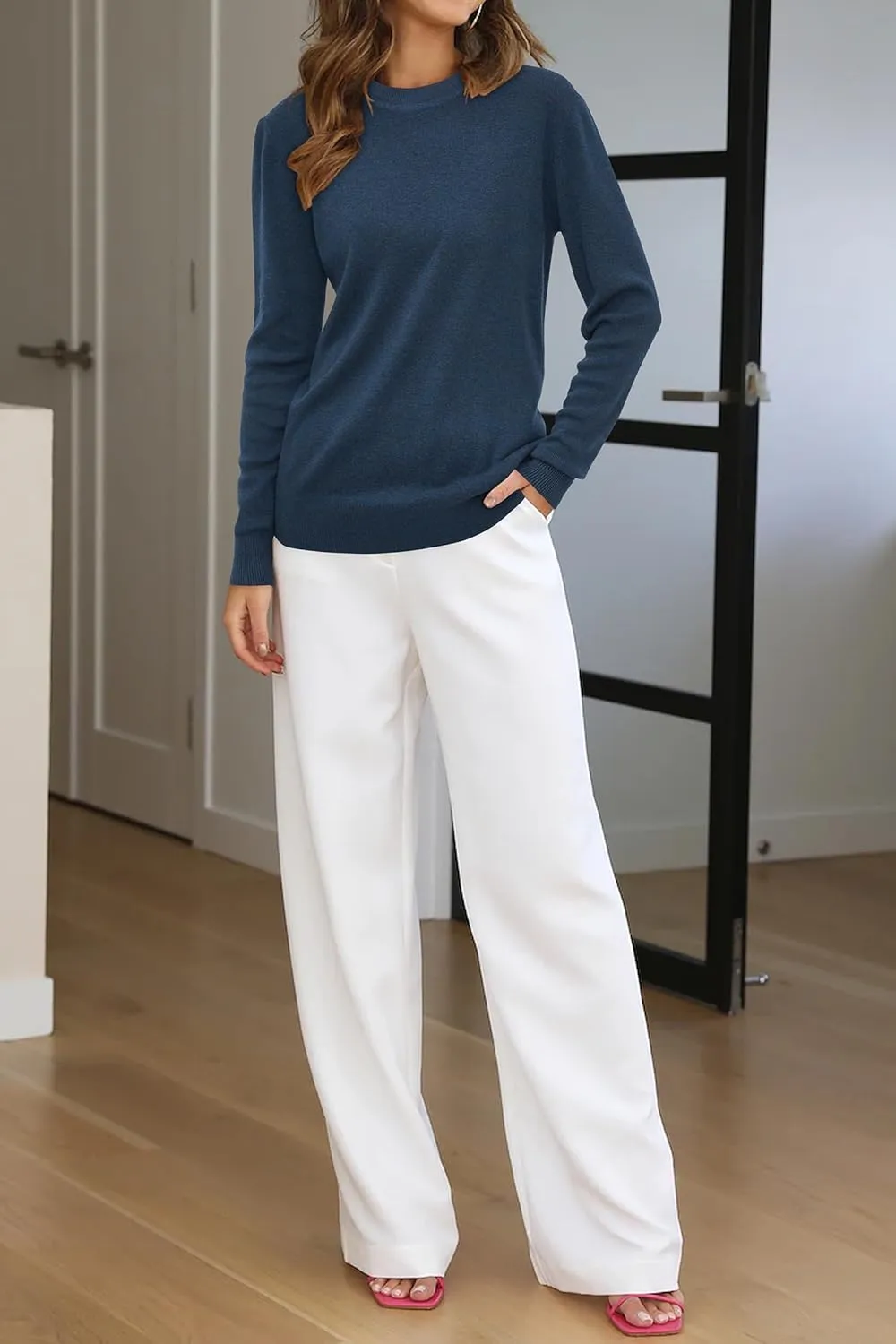 Arach&Cloz Women Spring Fashion Wool Blend Sweater 2025 Long Sleeve Crew Neck Business Casual Pullover Tops Trendy Outfits