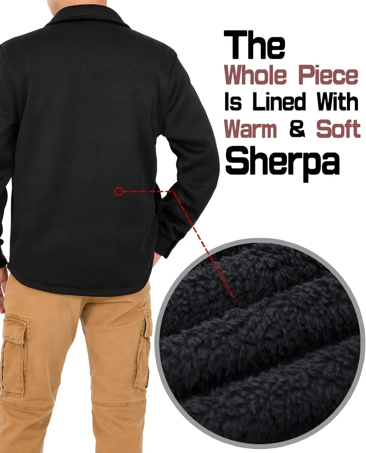 Bonnorth Men's Sherpa Lined Sweater Fleece Shirt Jacket with Pockets - All Sherpa Fleece Lined