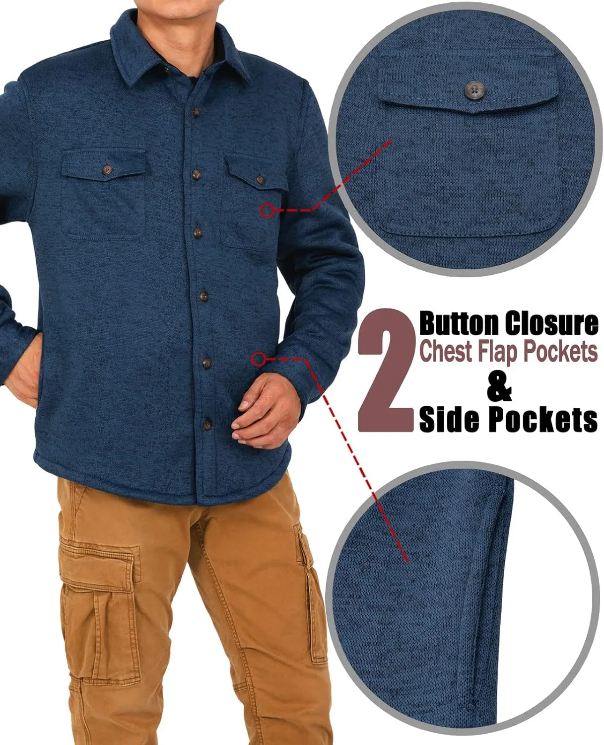 Bonnorth Men's Sherpa Lined Sweater Fleece Shirt Jacket with Pockets - All Sherpa Fleece Lined