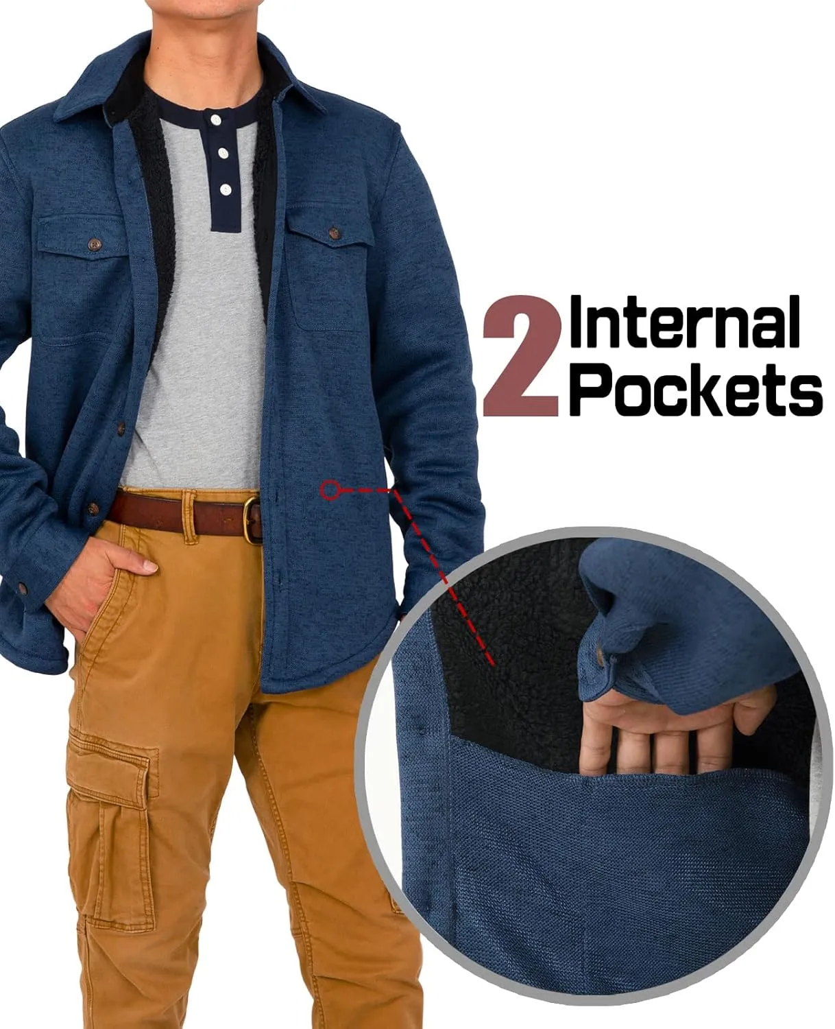 Bonnorth Men's Sherpa Lined Sweater Fleece Shirt Jacket with Pockets - All Sherpa Fleece Lined