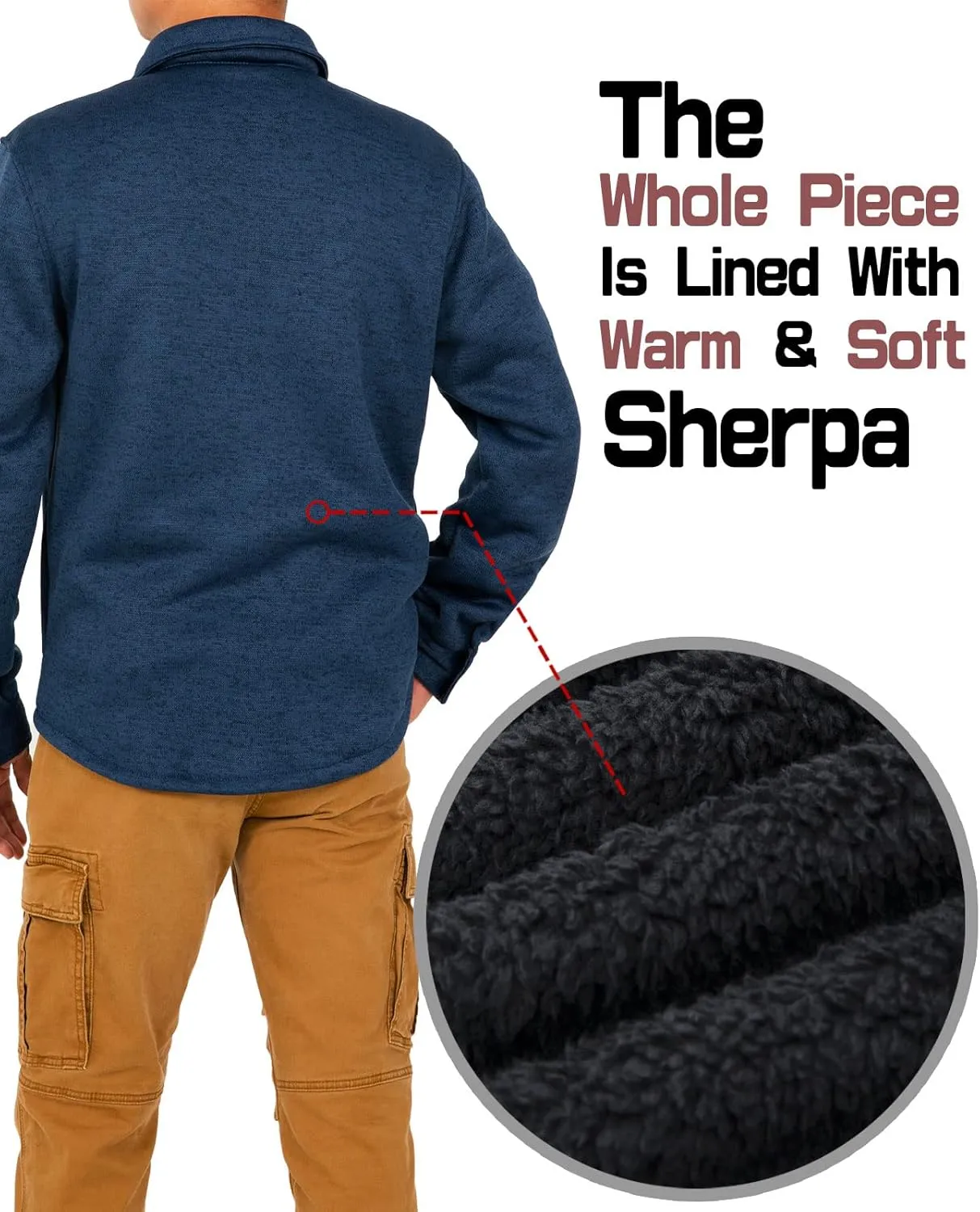Bonnorth Men's Sherpa Lined Sweater Fleece Shirt Jacket with Pockets - All Sherpa Fleece Lined