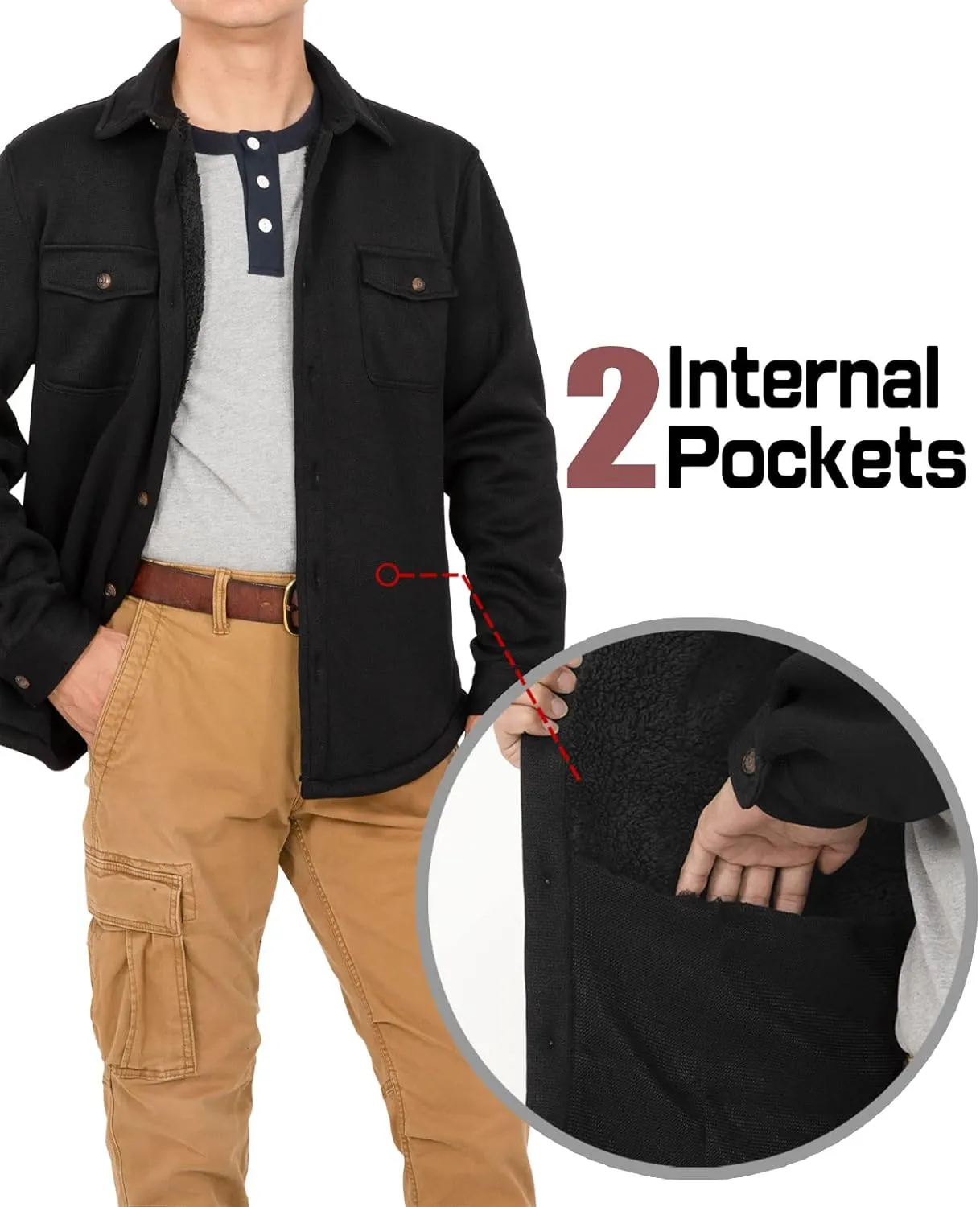 Bonnorth Men's Sherpa Lined Sweater Fleece Shirt Jacket with Pockets - All Sherpa Fleece Lined