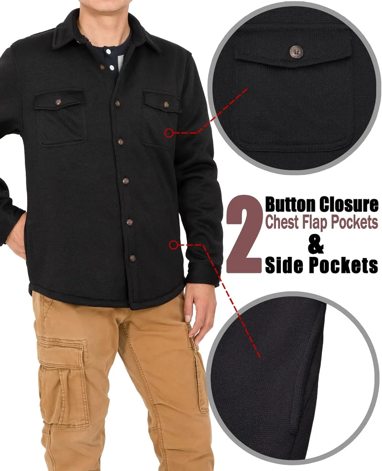 Bonnorth Men's Sherpa Lined Sweater Fleece Shirt Jacket with Pockets - All Sherpa Fleece Lined