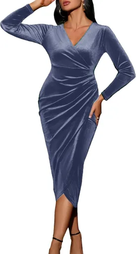 CYCLAMEN Wrap Ruched Velvet Dress V Neck Plus Size Long Sleeves Bodycon Midi Elegant Party Wedding Guest Cocktail