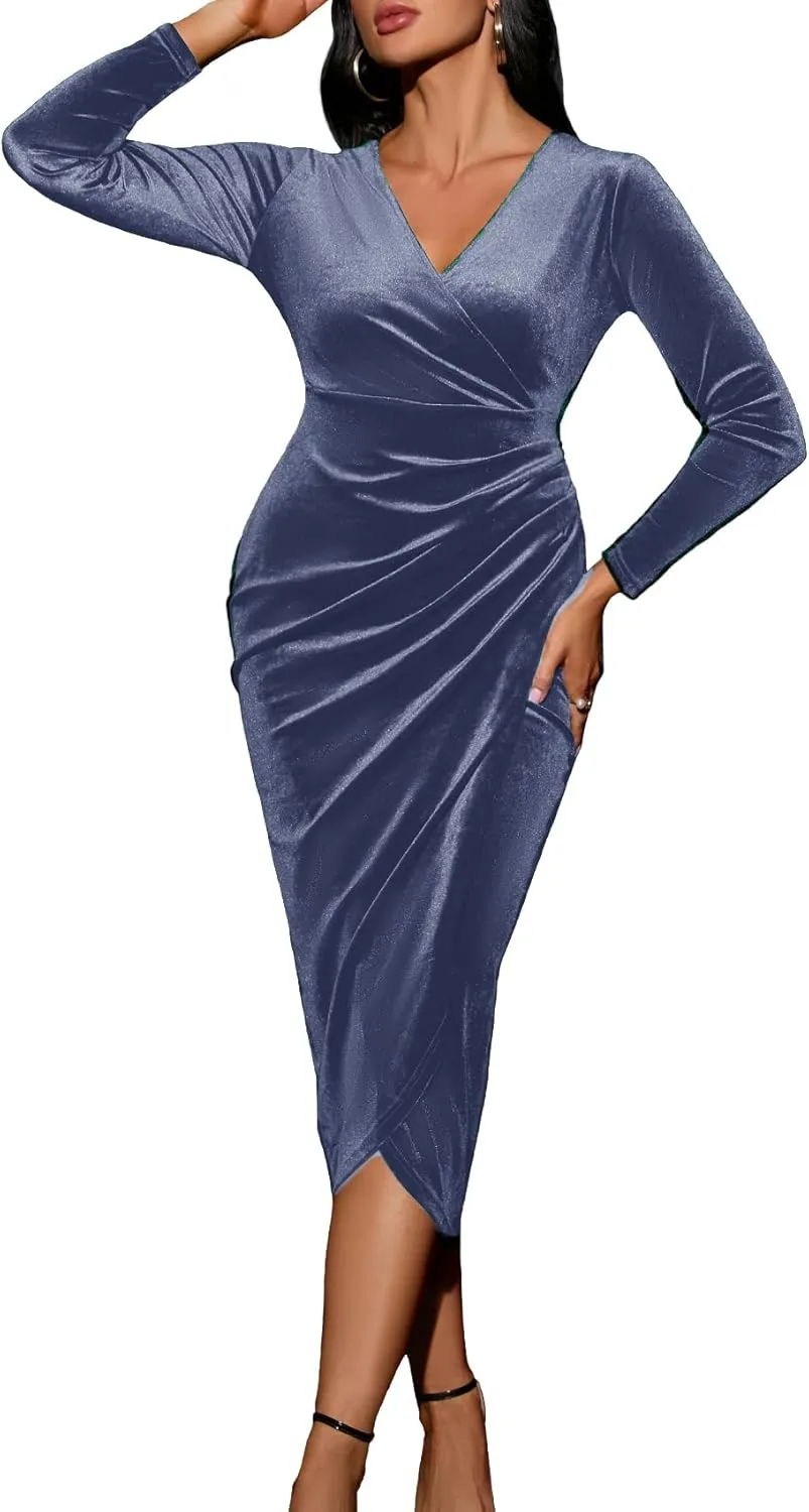 CYCLAMEN Wrap Ruched Velvet Dress V Neck Plus Size Long Sleeves Bodycon Midi Elegant Party Wedding Guest Cocktail