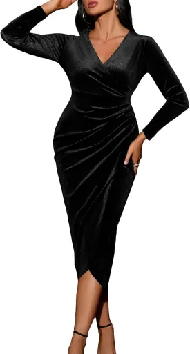 CYCLAMEN Wrap Ruched Velvet Dress V Neck Plus Size Long Sleeves Bodycon Midi Elegant Party Wedding Guest Cocktail