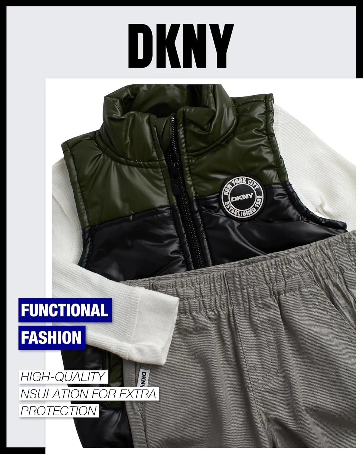 DKNY Baby Boys' Pants Set - 3 Piece Insulated Puffer Vest, Long Sleeve Shirts and Pants for Boys (Infant Sizes: 12M-4T)