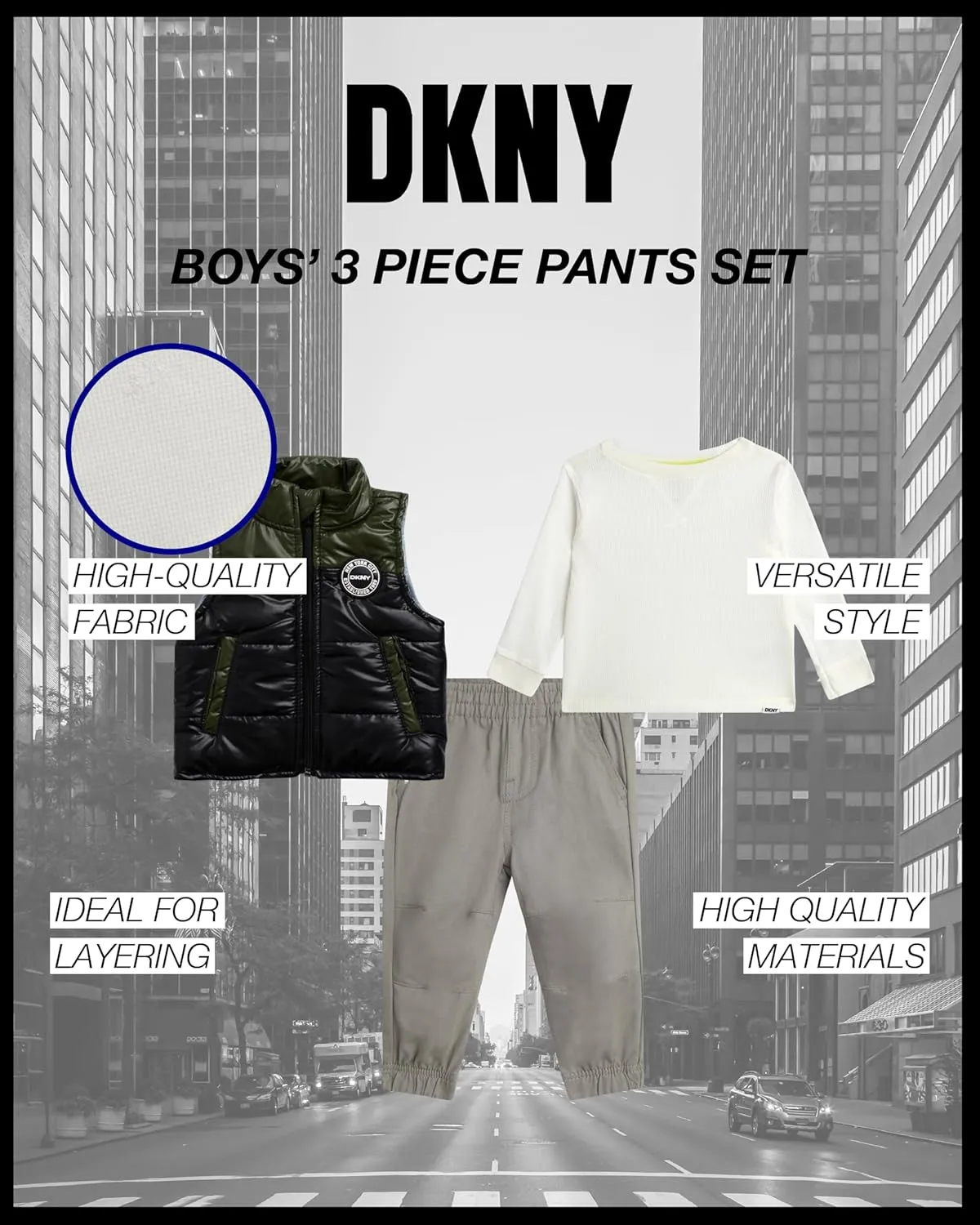 DKNY Baby Boys' Pants Set - 3 Piece Insulated Puffer Vest, Long Sleeve Shirts and Pants for Boys (Infant Sizes: 12M-4T)