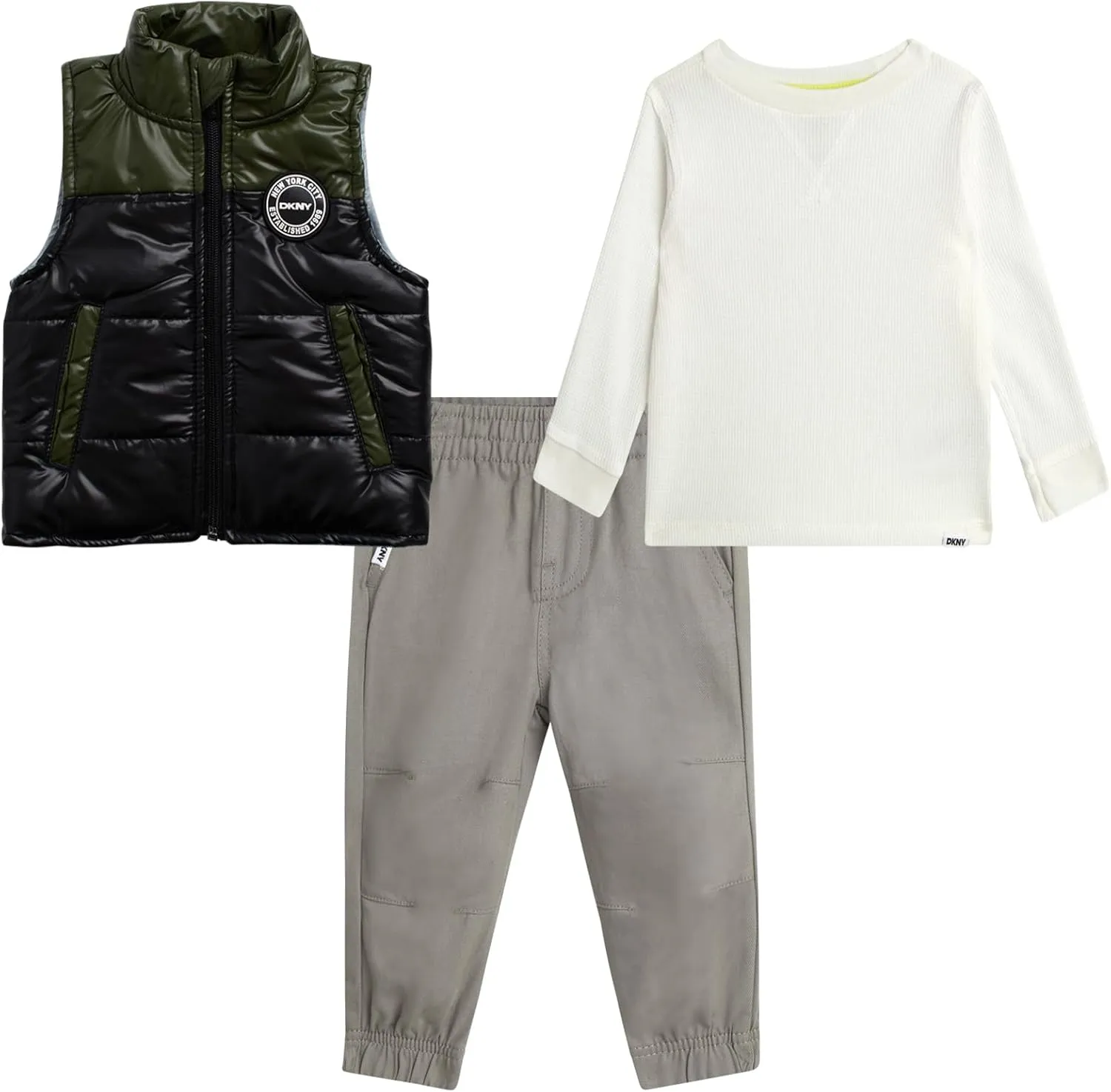 DKNY Baby Boys' Pants Set - 3 Piece Insulated Puffer Vest, Long Sleeve Shirts and Pants for Boys (Infant Sizes: 12M-4T)