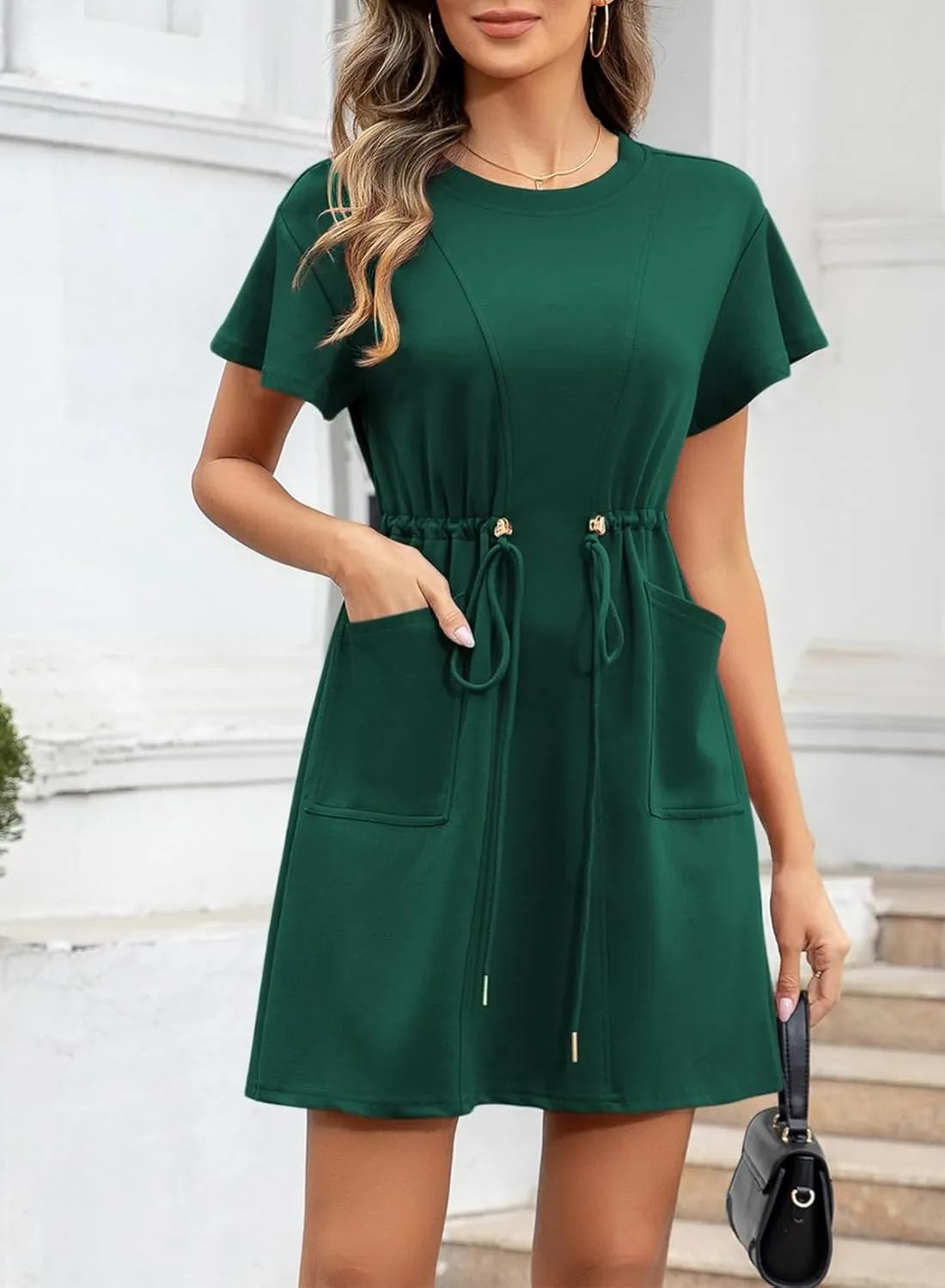 EVALESS Womens Spring Summer Dresses 2025 Casual Round Neck Ruffle Short Sleeve Flowy A Line Mini Dress with Pockets