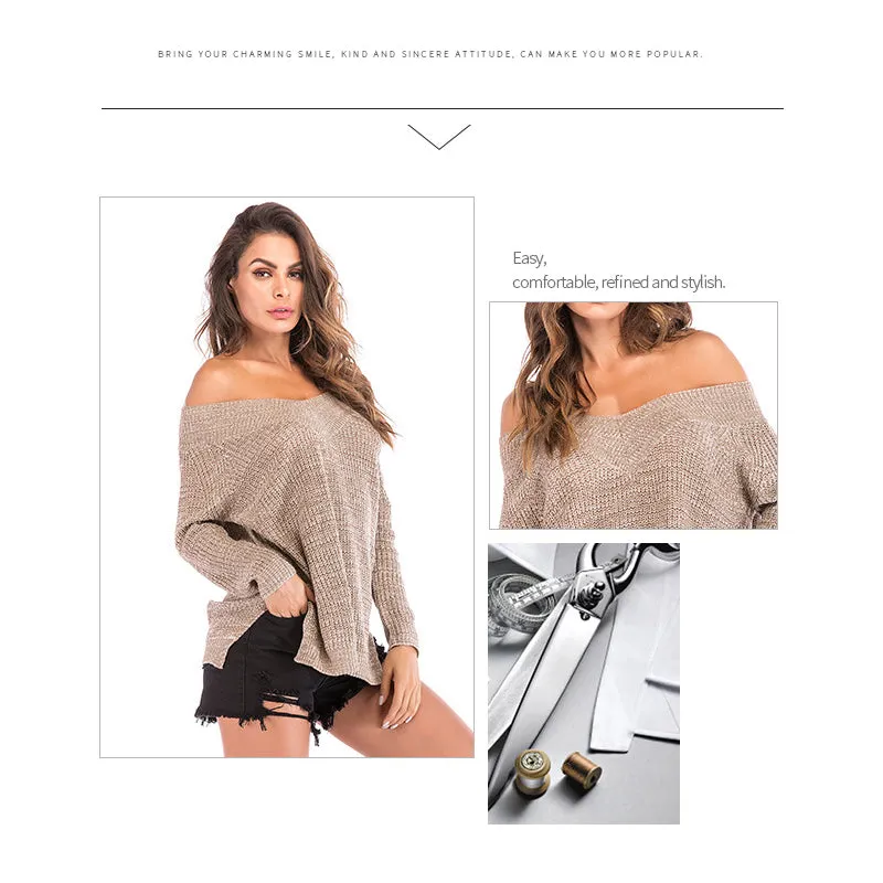 Fashion Womens Off The Shoulder Sweater Oversized V-Neck Sweater