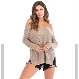 Fashion Womens Off The Shoulder Sweater Oversized V-Neck Sweater