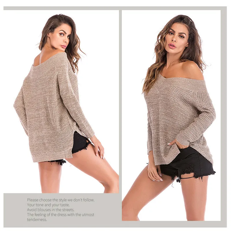 Fashion Womens Off The Shoulder Sweater Oversized V-Neck Sweater