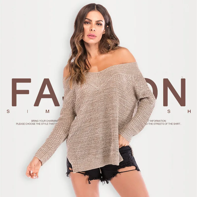Fashion Womens Off The Shoulder Sweater Oversized V-Neck Sweater