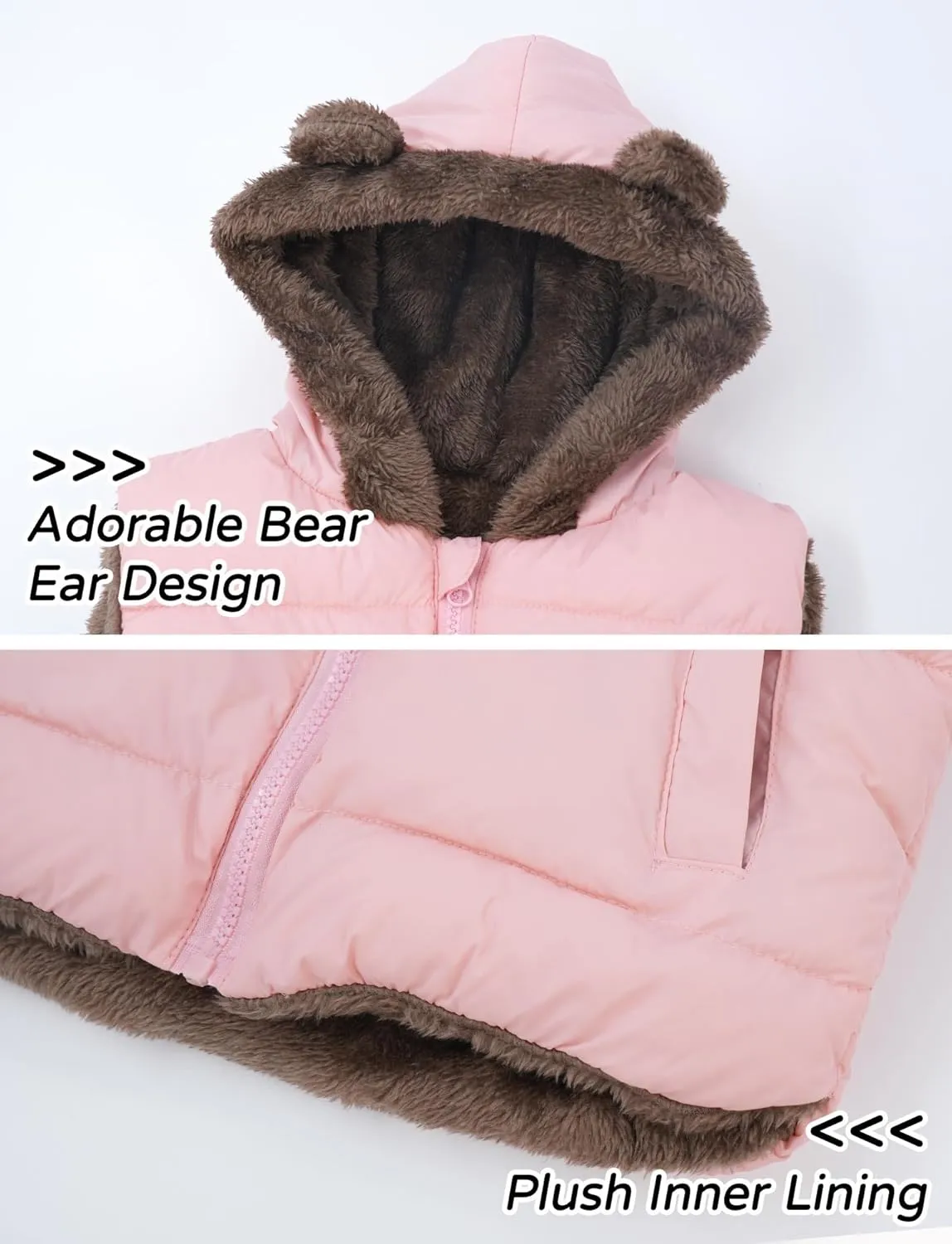 Happy Cherry Toddler Baby Puffer Vest with Hood Ears Hooded Sleeveless Bubble Jacket Insulated Padded Vest 2-7 Years