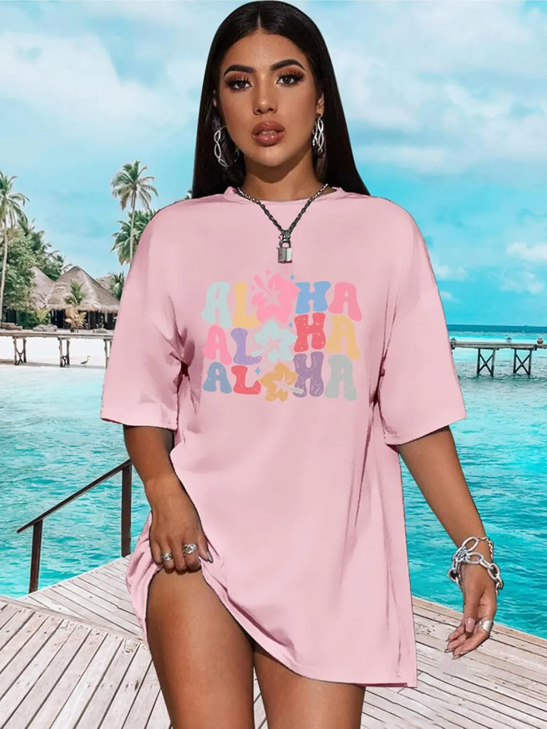 Hawaiian Shirts Women Oversized Aloha Shirt Flower Graphic Short Sleeve Family Vacation Beach T-Shirt Tops