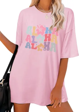 Hawaiian Shirts Women Oversized Aloha Shirt Flower Graphic Short Sleeve Family Vacation Beach T-Shirt Tops