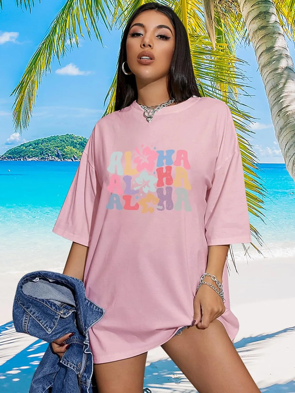 Hawaiian Shirts Women Oversized Aloha Shirt Flower Graphic Short Sleeve Family Vacation Beach T-Shirt Tops