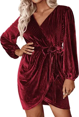 IN'VOLAND Womens Plus Size Long Sleeve Wrap Semi Formal Velvet Mini Dress Sexy V Neck Cocktail Party Midi Dress