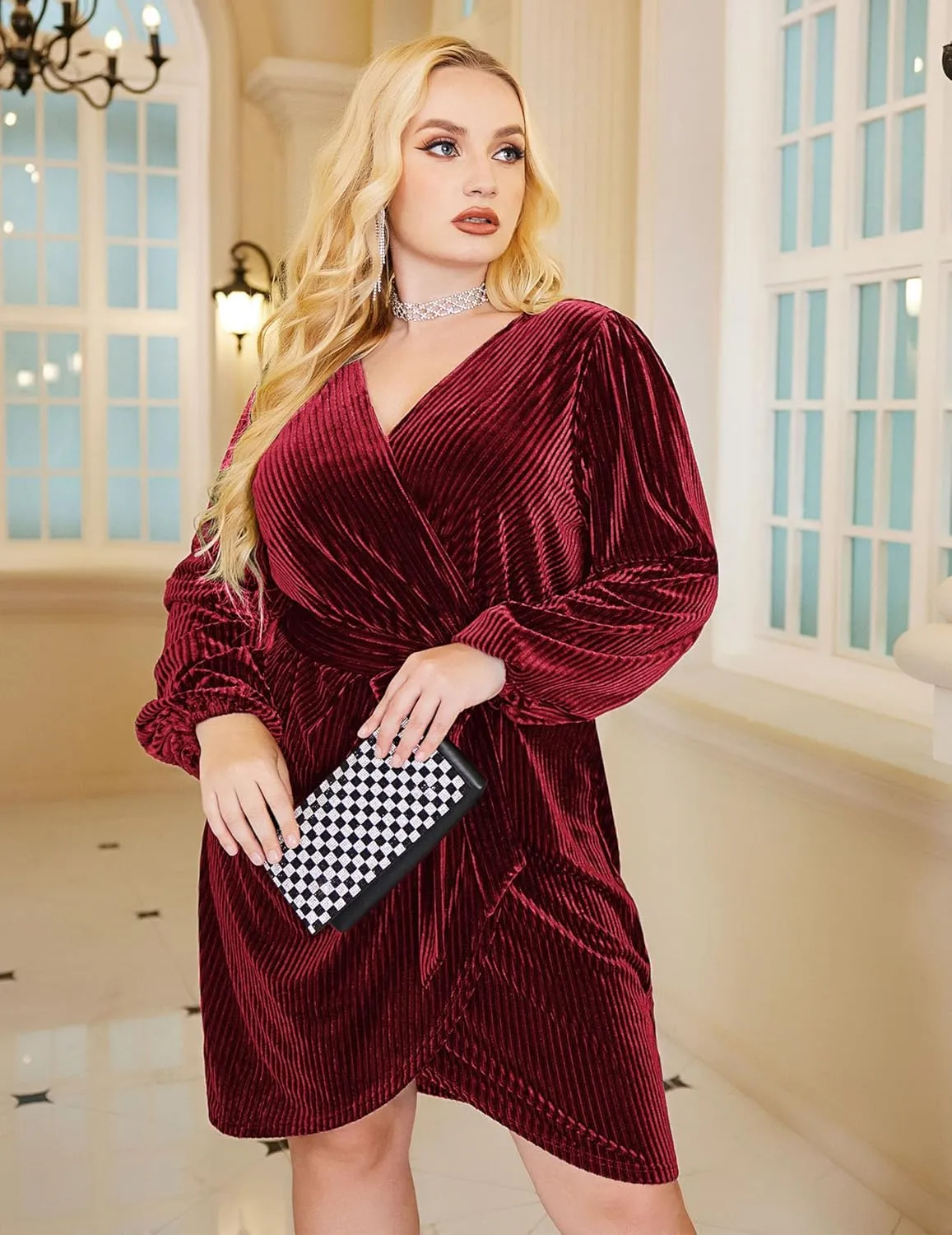 IN'VOLAND Womens Plus Size Long Sleeve Wrap Semi Formal Velvet Mini Dress Sexy V Neck Cocktail Party Midi Dress
