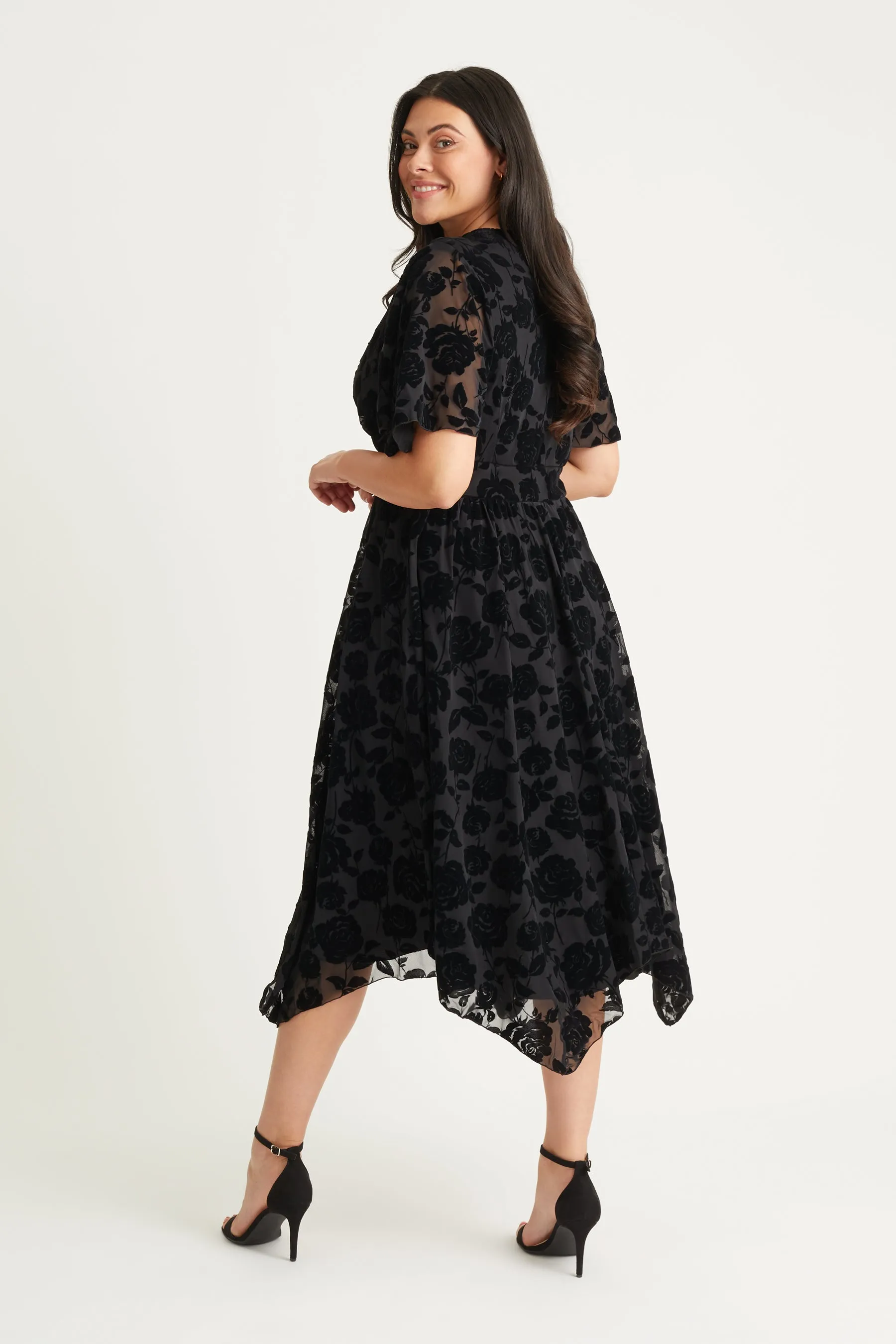 Julie Black Velvet Flock Hanky Hem Dress