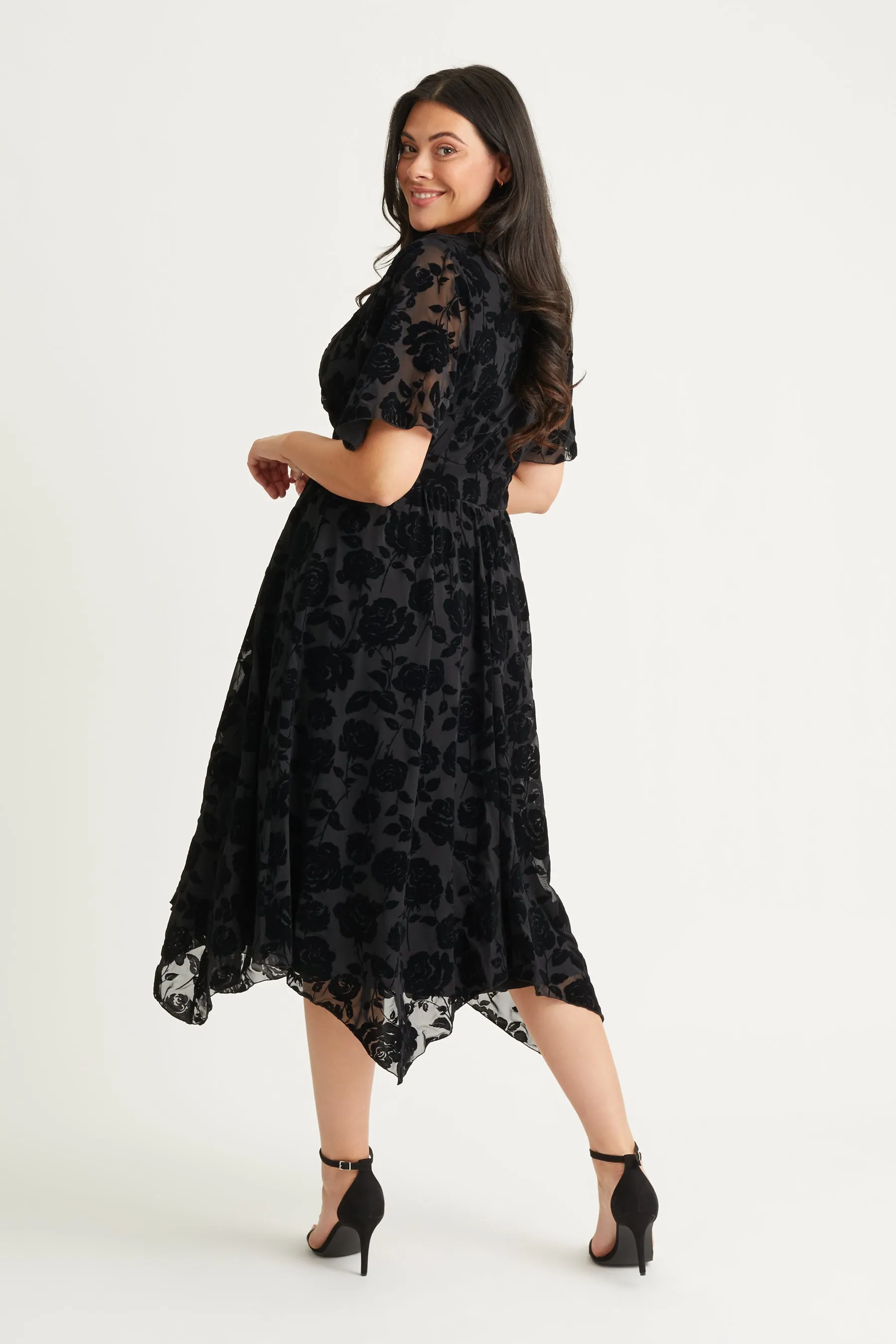 Julie Black Velvet Flock Hanky Hem Dress