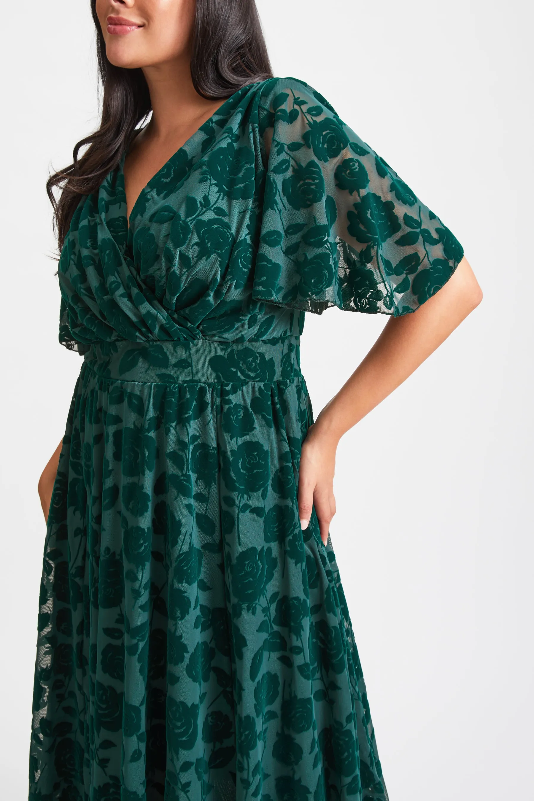 Julie Dark Green Velvet Flock Hanky Hem Dress