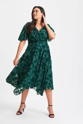 Julie Dark Green Velvet Flock Hanky Hem Dress