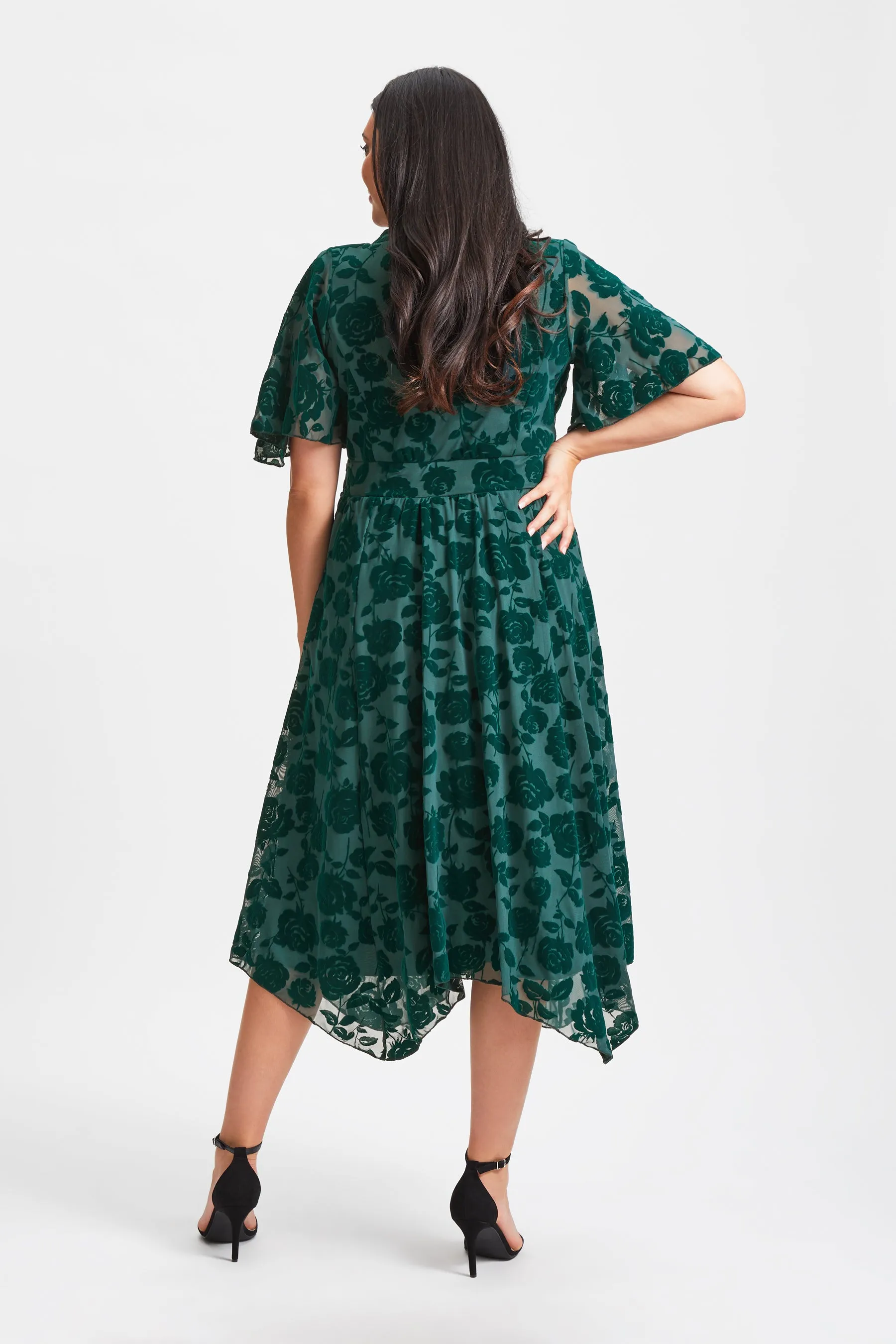 Julie Dark Green Velvet Flock Hanky Hem Dress