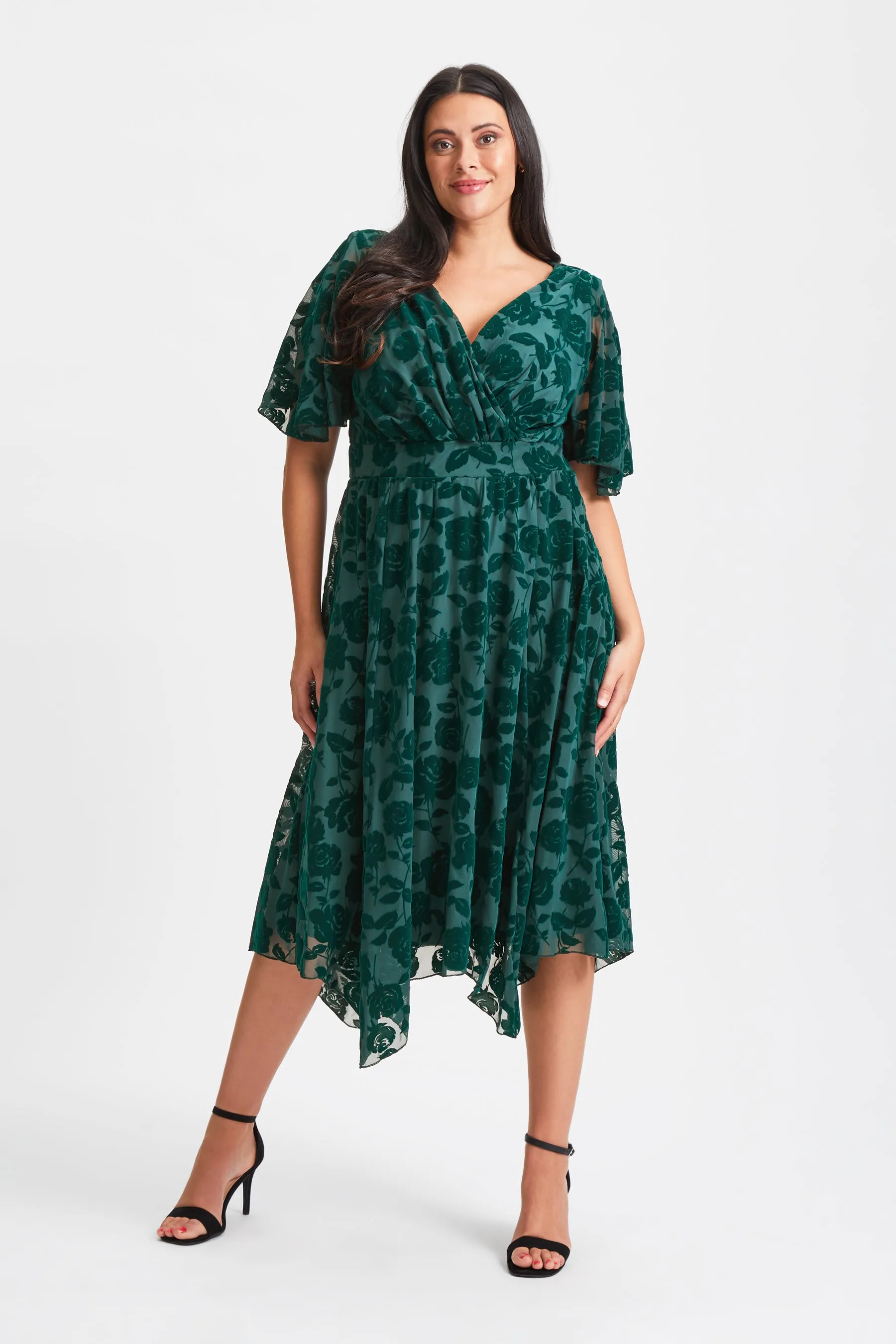 Julie Dark Green Velvet Flock Hanky Hem Dress