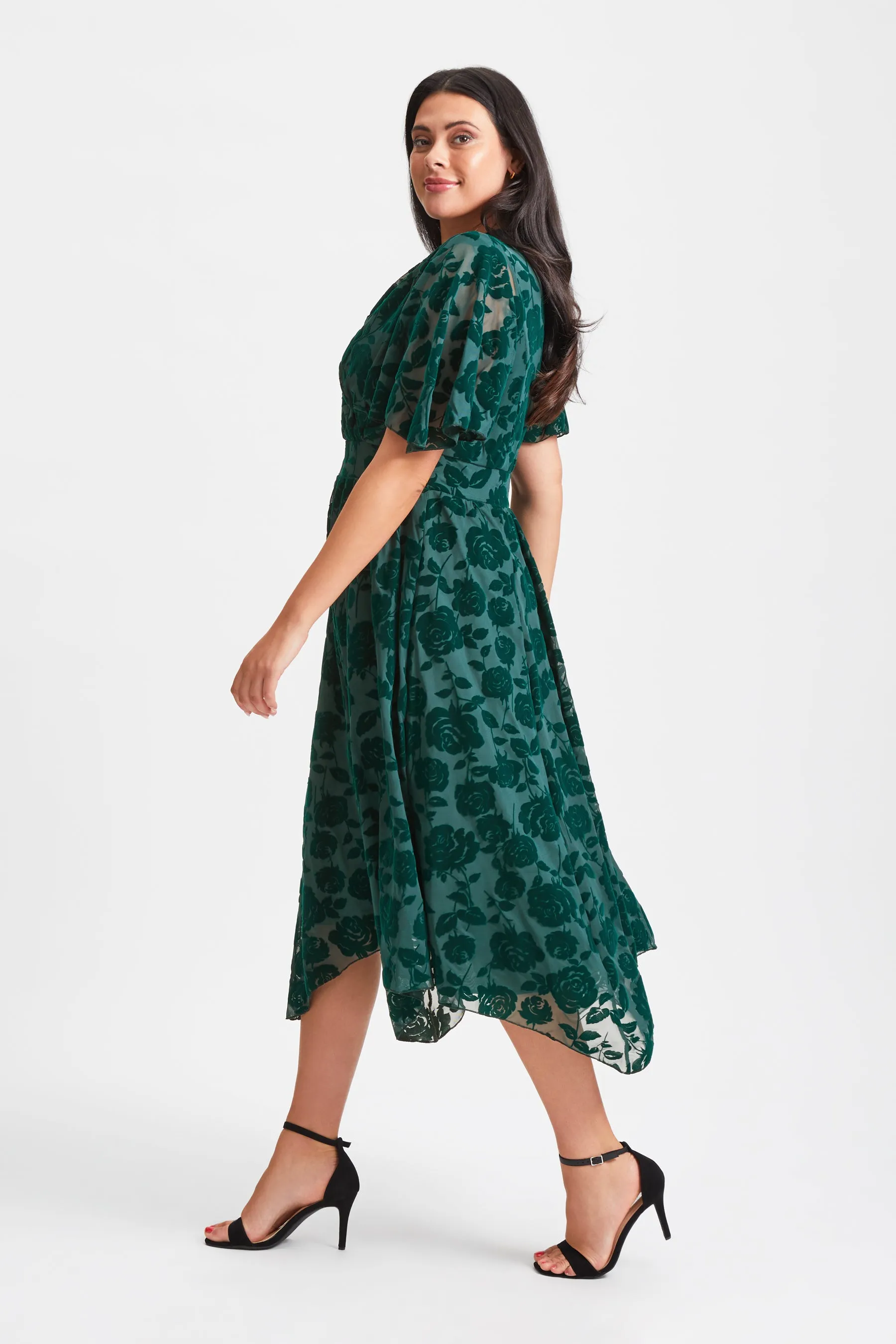 Julie Dark Green Velvet Flock Hanky Hem Dress