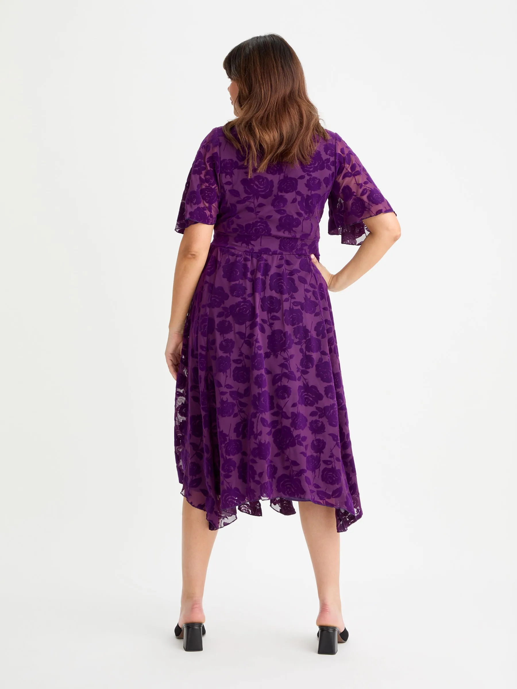 Julie Purple Velvet Flock Hanky Hem Dress