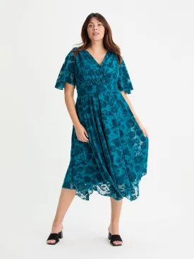 Julie Teal Velvet Flock Hanky Hem Dress