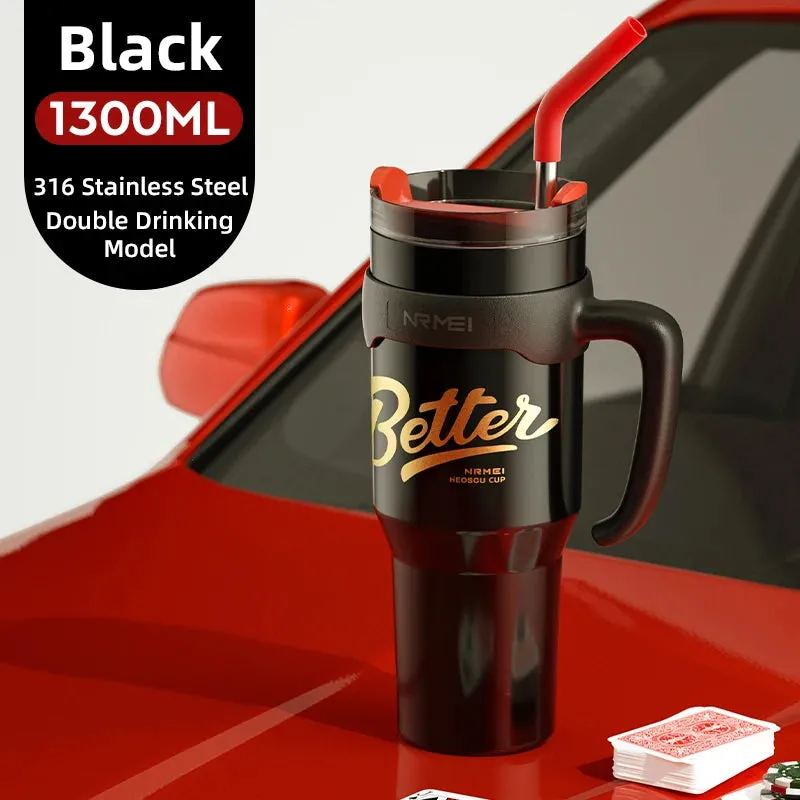 Large Capacity Stainless Steel Tumbler Cup with Handle and Straw - Outdoor Portable 1300ML  Thermal Bottle for Keeping Hot or Cold Coffee Mug - Perfect Gift for All