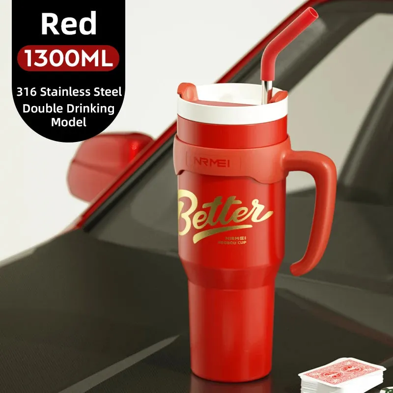 Large Capacity Stainless Steel Tumbler Cup with Handle and Straw - Outdoor Portable 1300ML  Thermal Bottle for Keeping Hot or Cold Coffee Mug - Perfect Gift for All