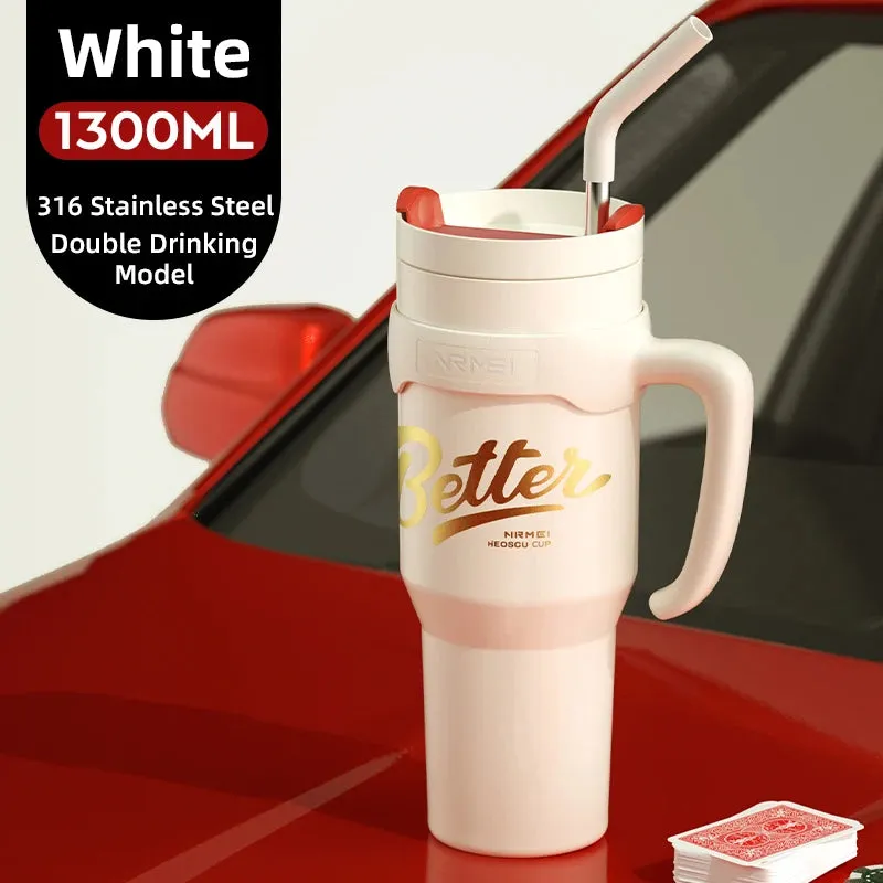 Large Capacity Stainless Steel Tumbler Cup with Handle and Straw - Outdoor Portable 1300ML  Thermal Bottle for Keeping Hot or Cold Coffee Mug - Perfect Gift for All