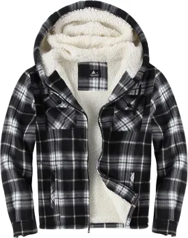 Mens Flannel Hoodie Jacket Fleece Lined Flannel Shirt Plaid Zip Up Sherpa Hooded Sweatshirt Warm Winter Coat