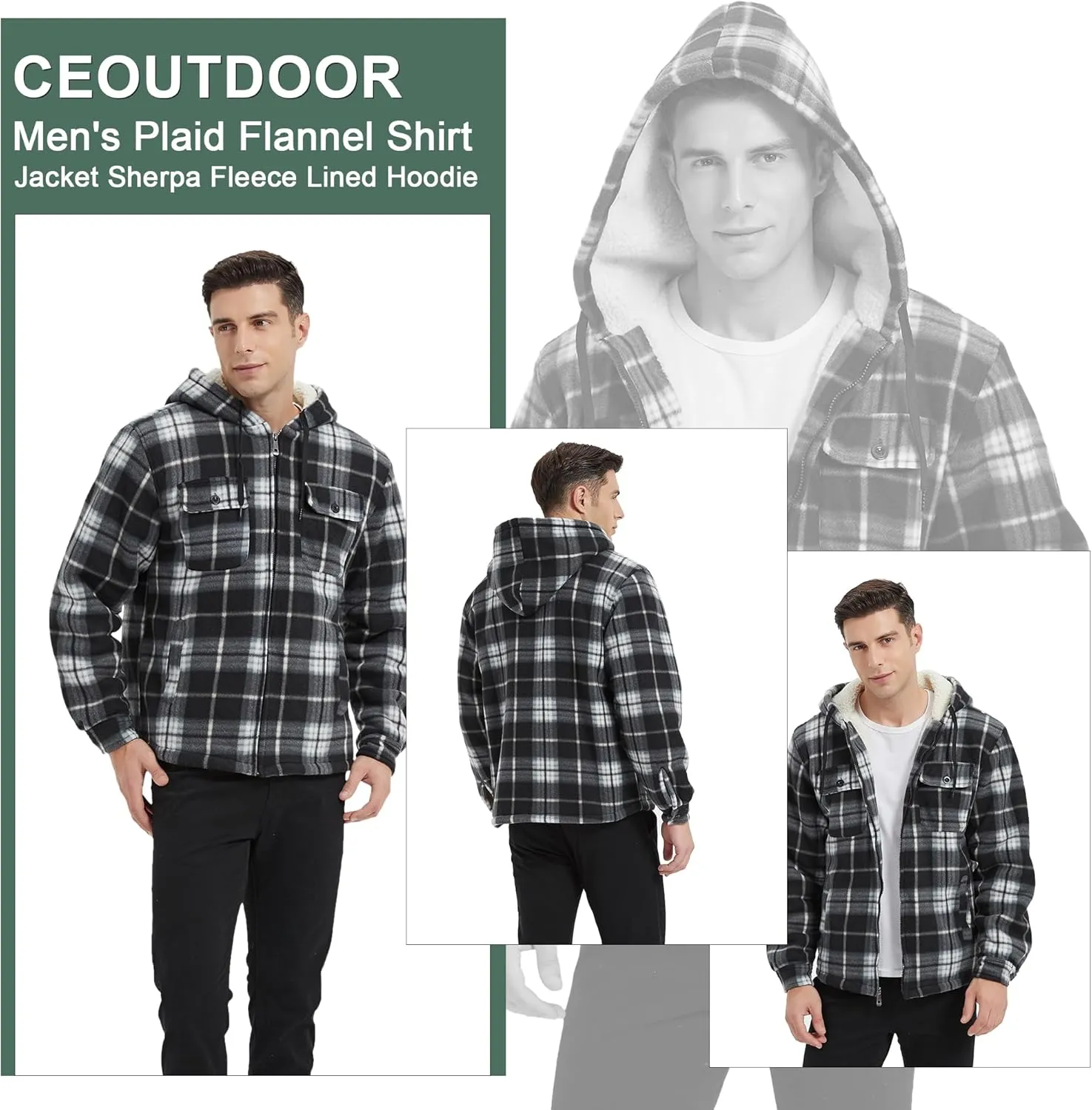 Mens Flannel Hoodie Jacket Fleece Lined Flannel Shirt Plaid Zip Up Sherpa Hooded Sweatshirt Warm Winter Coat