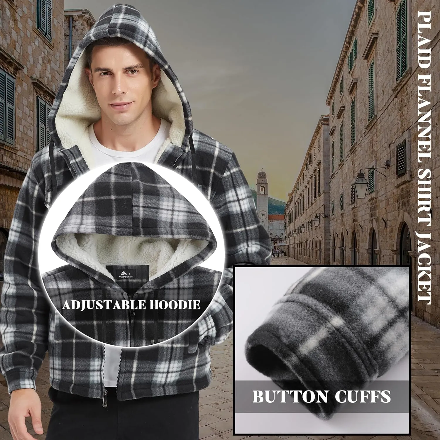 Mens Flannel Hoodie Jacket Fleece Lined Flannel Shirt Plaid Zip Up Sherpa Hooded Sweatshirt Warm Winter Coat
