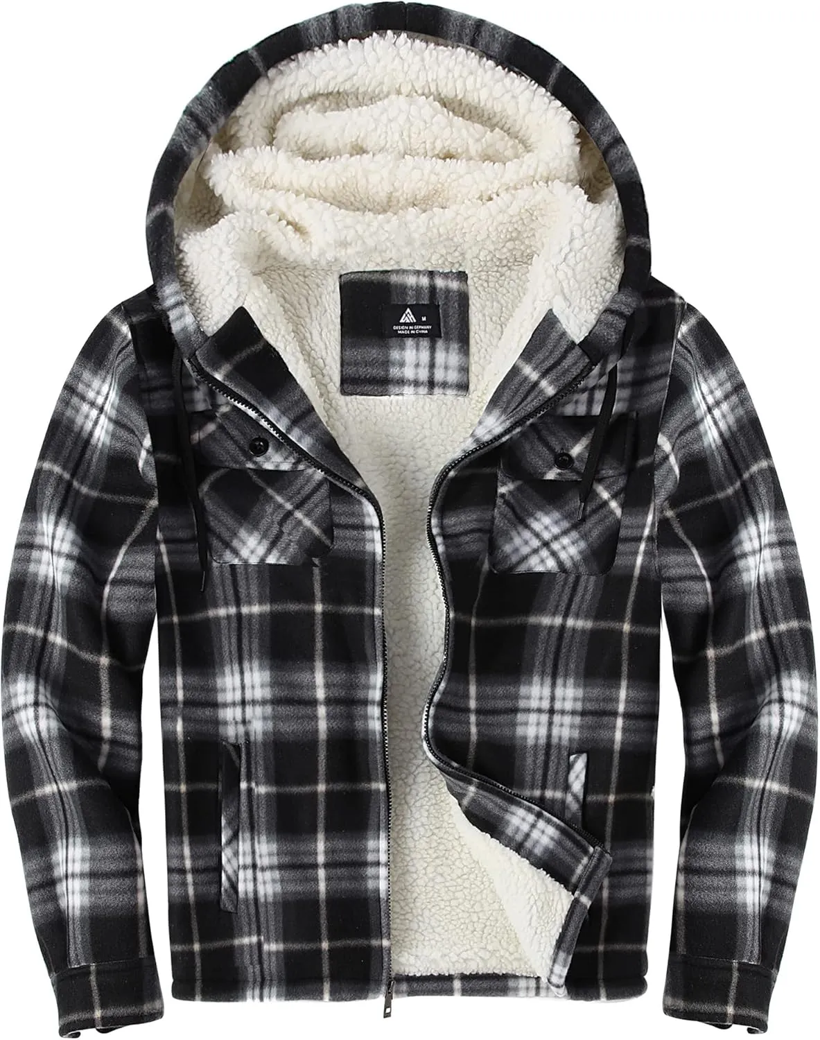 Mens Flannel Hoodie Jacket Fleece Lined Flannel Shirt Plaid Zip Up Sherpa Hooded Sweatshirt Warm Winter Coat