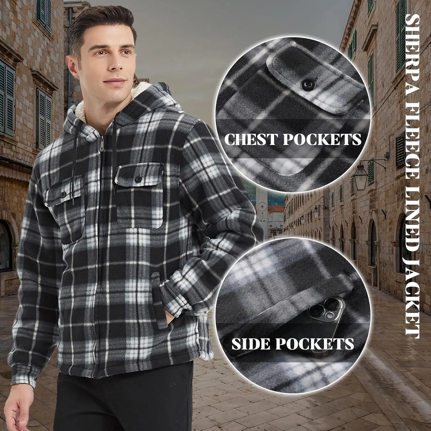 Mens Flannel Hoodie Jacket Fleece Lined Flannel Shirt Plaid Zip Up Sherpa Hooded Sweatshirt Warm Winter Coat