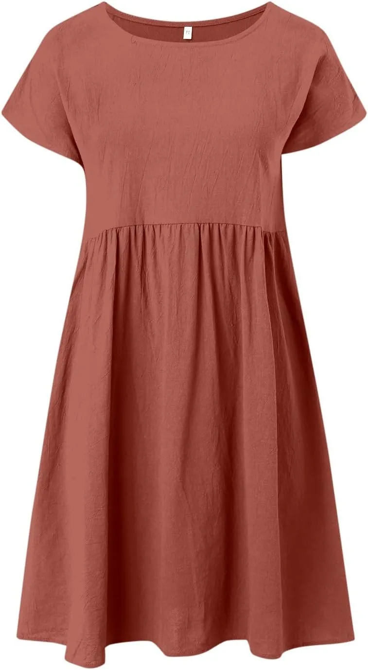 PTOLOCIF 2024 Fashion Summer OL Temperament Women's and Linen Round Neck A Line Skirt Plus Size Loose Dress Full Length