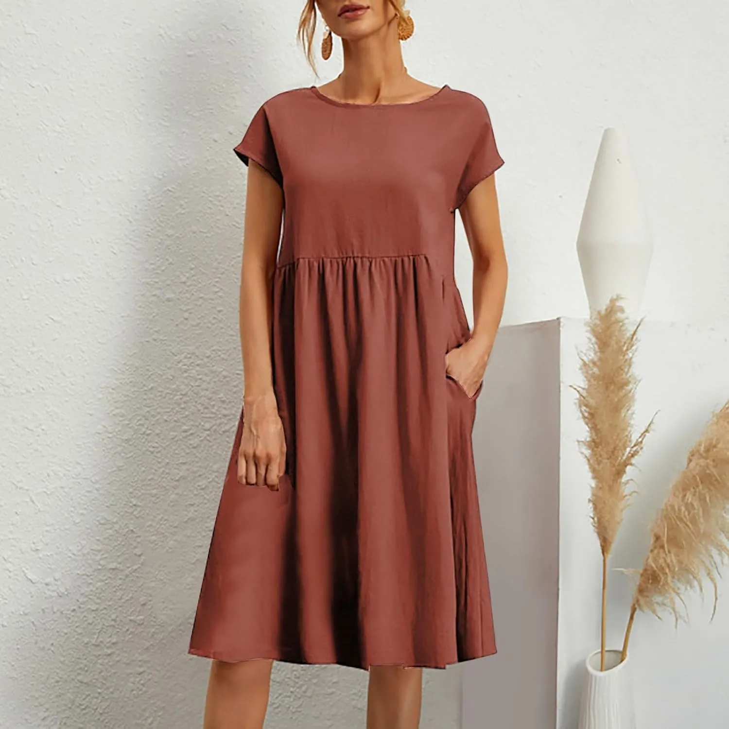 PTOLOCIF 2024 Fashion Summer OL Temperament Women's and Linen Round Neck A Line Skirt Plus Size Loose Dress Full Length